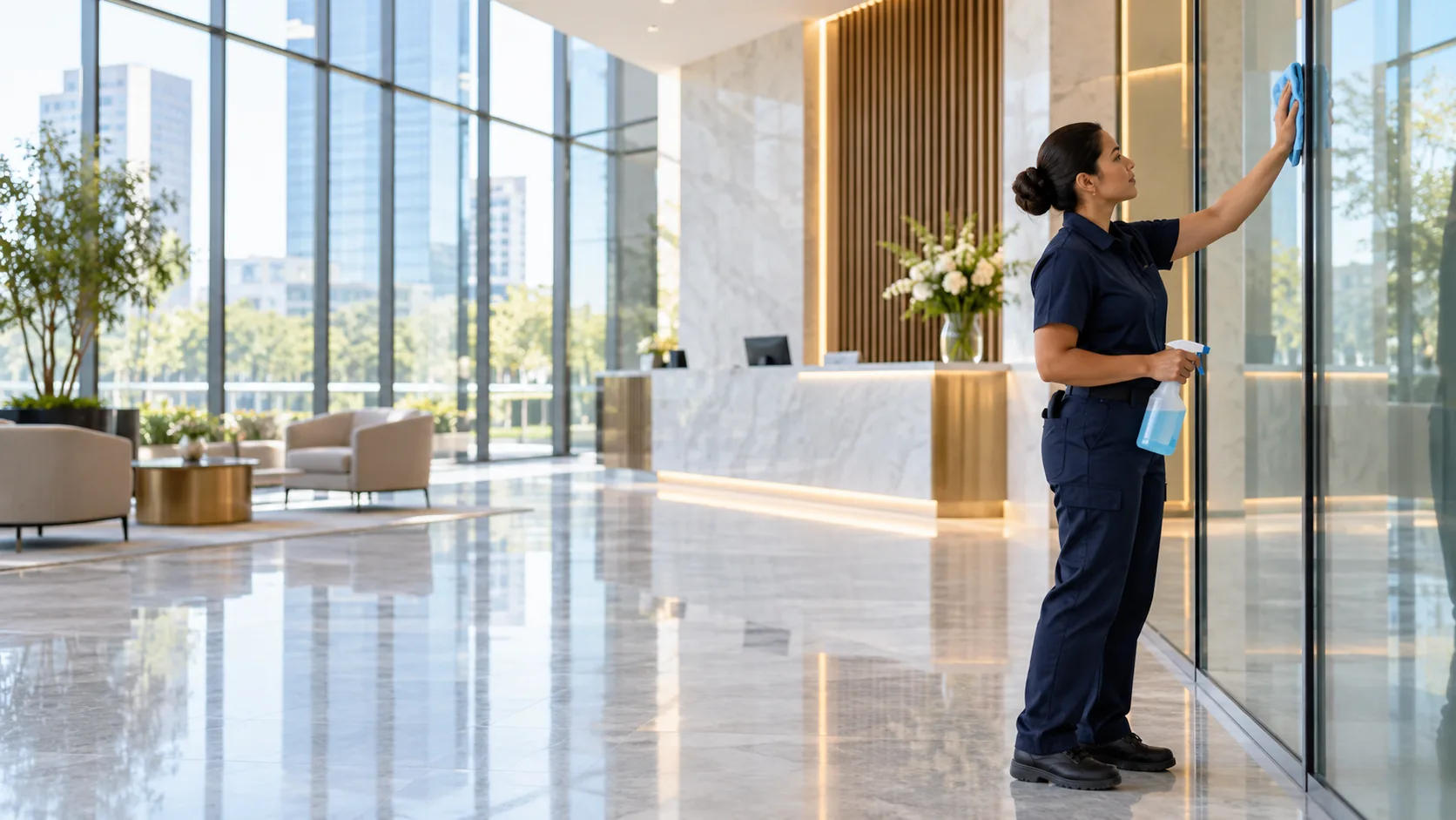 Cleaning professional wiping glass in the bright lobby of a corporate building.