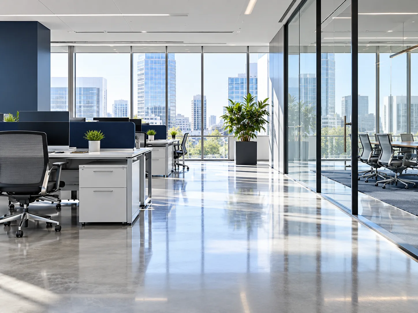 Spacious, bright and orderly corporate office prepared for the workday.