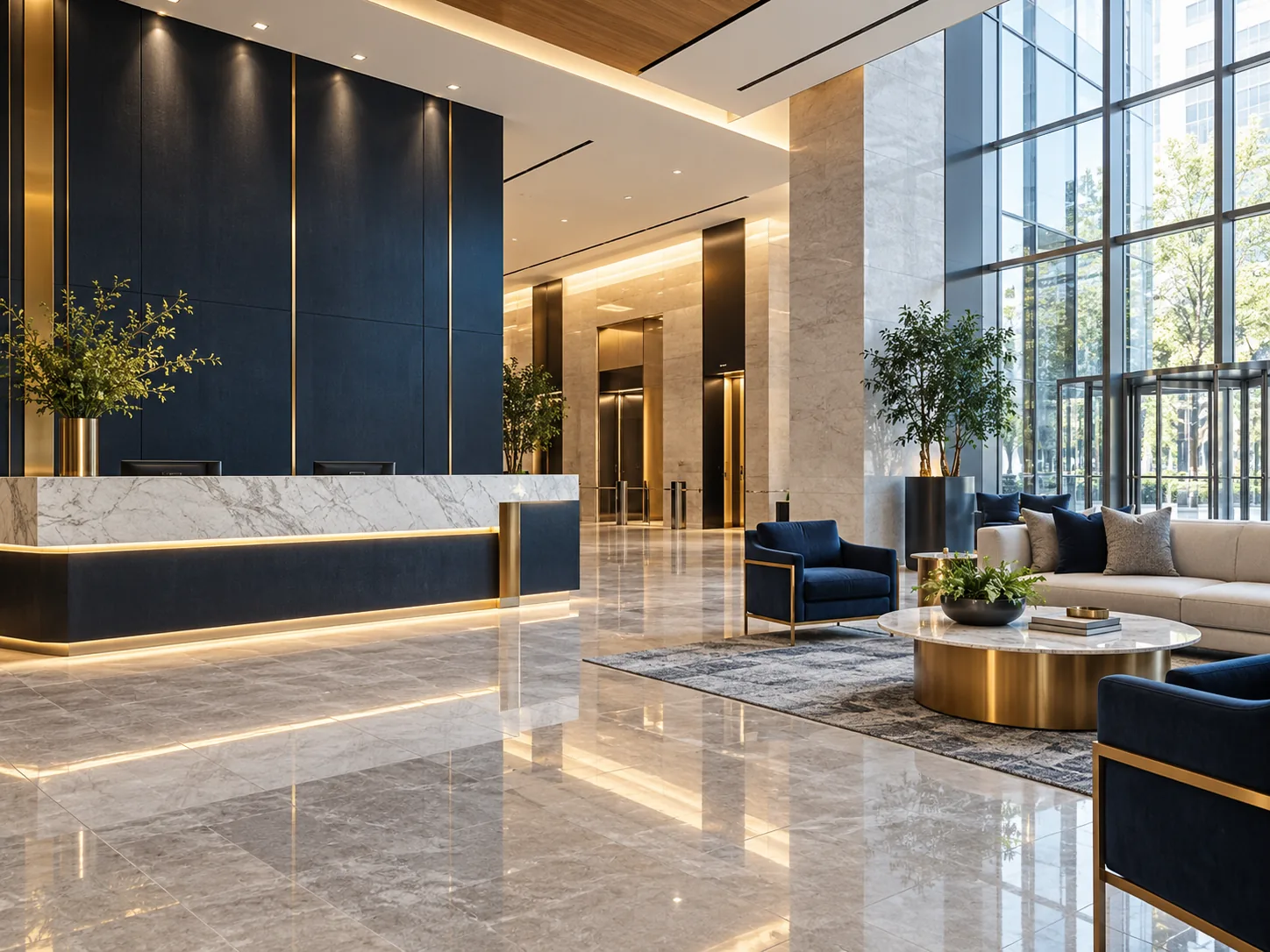 Modern corporate lobby with a reception desk and well-maintained common areas.