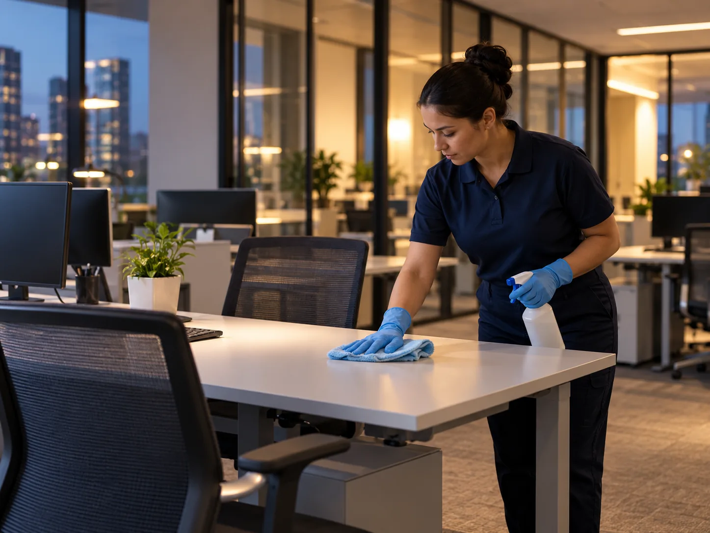 Professional cleaner wiping a workstation in a corporate office after business hours.