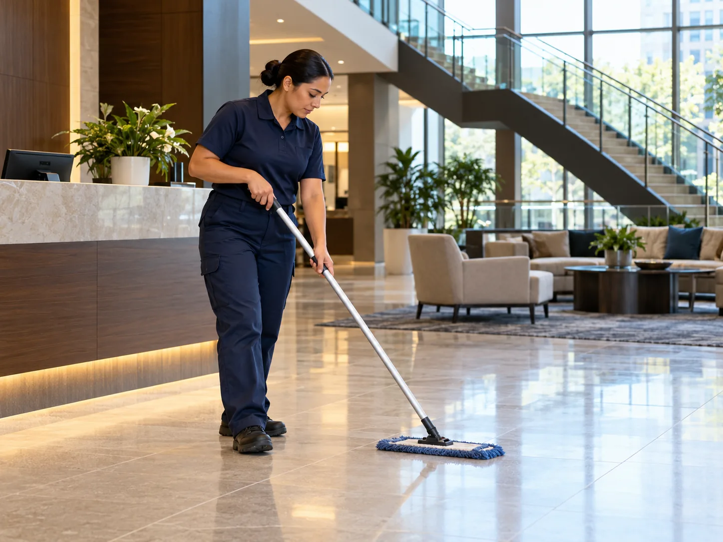 Professional maintaining the floor of a corporate lobby with reception and common areas.
