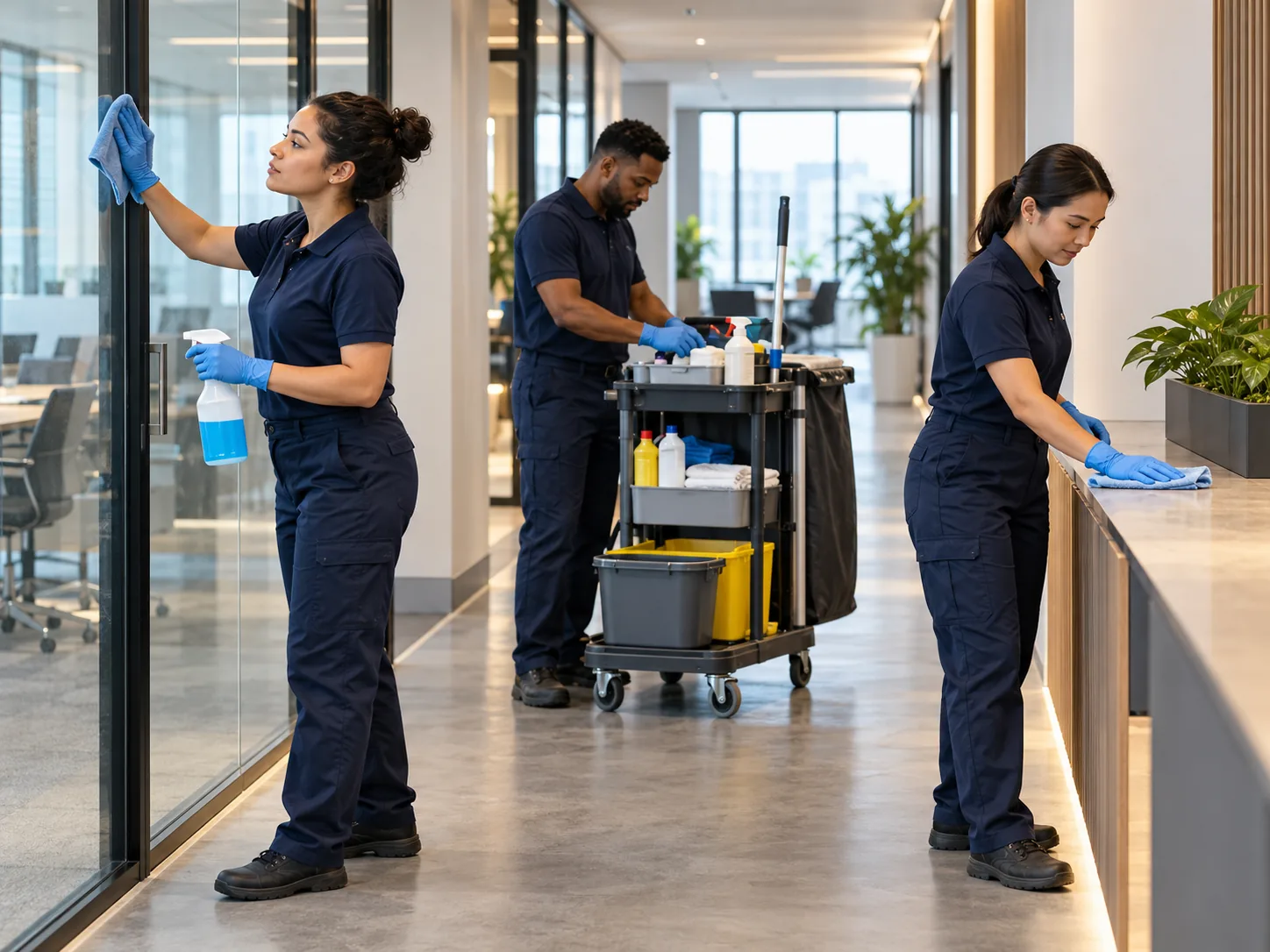 Generic team of cleaning professionals coordinating work in a commercial setting.