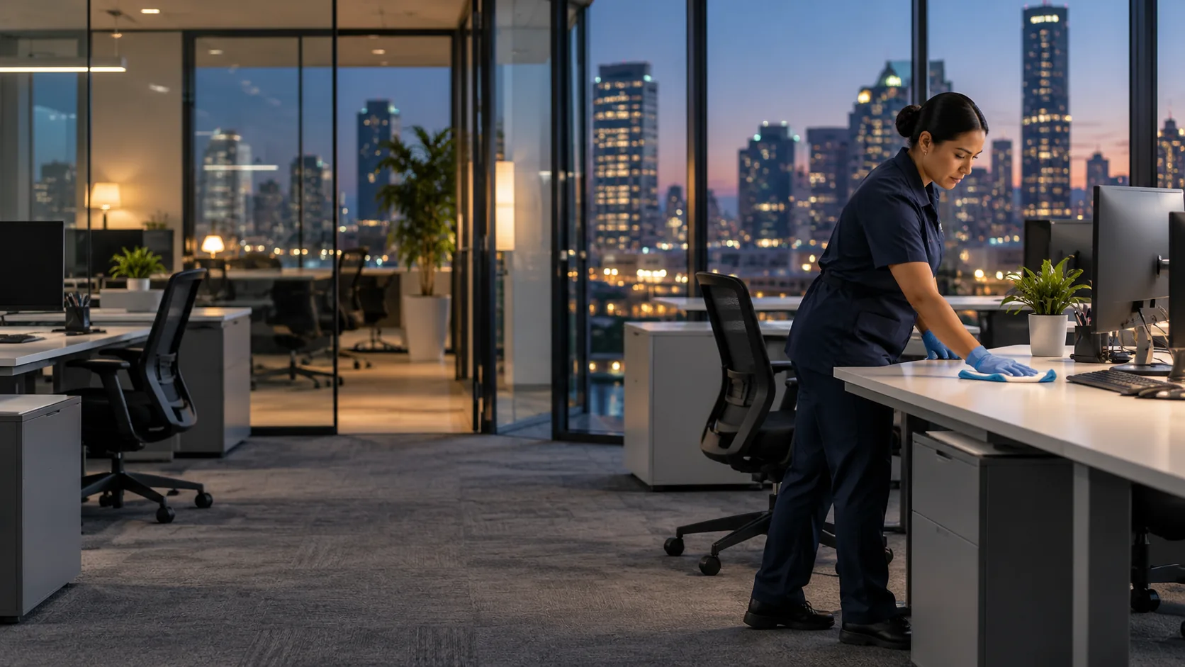 Cleaning professional wiping work surfaces in a modern corporate office.