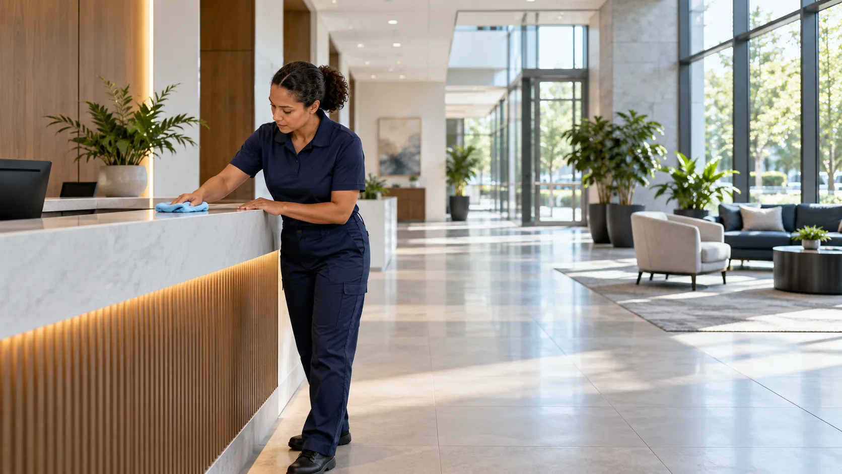 Professional cleaner wiping the reception counter in a bright corporate lobby.